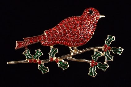Mint Enameled Rhinestone Bird Christmas Brooch