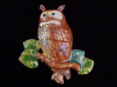 Mint Enameled Rhinestone Owl On Branch Brooch