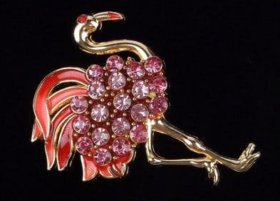 Mint Enameled Rhinestone Flamingo Bird Brooch