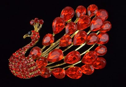 Mint Enameled Rhinestone Peacock Brooch