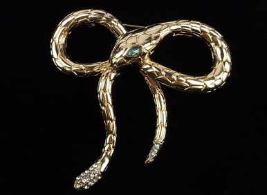 Mint Enameled Rhinestone Snake Bow Brooch