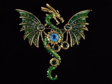 Mint Enameled Rhinestone All Seeing Dragon Eye Brooch
