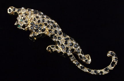 Mint Enameled Rhinestone Climbing Leopard Brooch