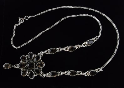Mint Heavy Vintage Sterling Silver Smokey Quartz Necklace 18"