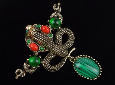 Mint Big Enameled Jelly Belly Rhinestone Cobra Snake Brooch Sway