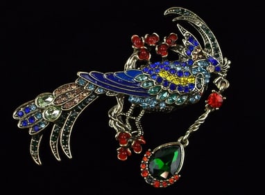 Mint Big Enameled Rhinestone Bird of Paradise Brooch