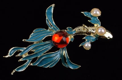 Mint Enameled Jelly Belly Rhinestone Koi Fish Brooch