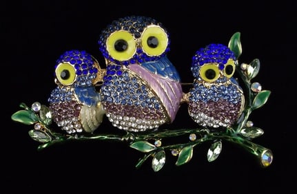 Big Mint Enameled Rhinestone Owl Family Brooch
