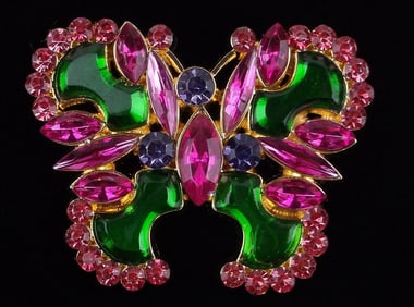 Mint Enameled Rhinestone Butterfly Brooch