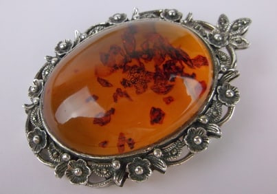 Big Mint Thick Heavy Sterling Silver Amber Brooch Pendant