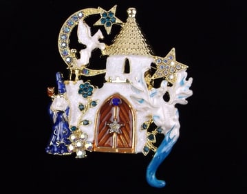 Mint Enameled Rhinestone Dragon Wizard Castle Brooch
