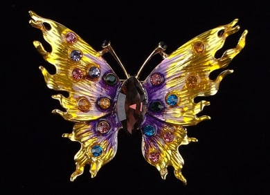Mint Enameled Rhinestone Fire Butterfly Brooch
