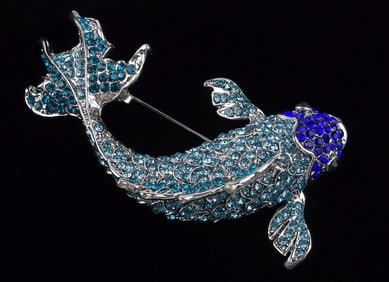 Mint Big Enameled Rhinestone Koi Fish Brooch