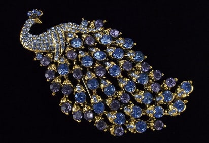 Big Mint Enameled Rhinestone Peacock Brooch