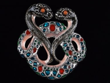Big Mint Enameled Double Black Mamba Snake Brooch