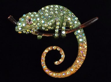 Big Mint Enameled Rhinestone Chameleon Brooch