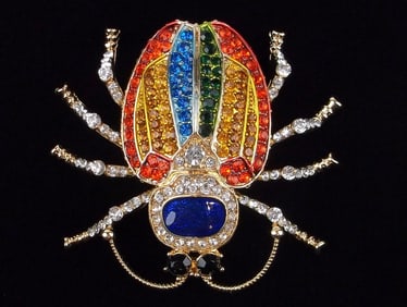 Big Mint Enameled Rhinestone Egyptian Scarab Beetle Brooch