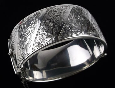 Mint Antique 1800s English Big Sterling Silver Latch Bracelet 6.5"