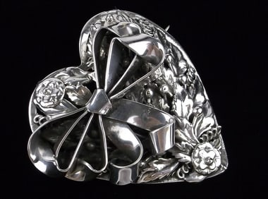 Big Mint Heavy 1950s HOBE Sterling Silver Heart Brooch Thick