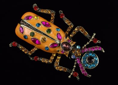 Big Mint Enameled Rhinestone Egyptian Beetle Brooch