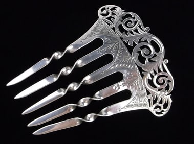 Mint Antique 1890s Victorian Sterling Silver Hair Pick Comb Barrette