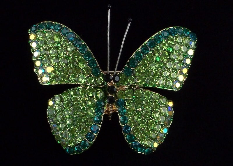 Mint Enameled Rhinestone Butterfly Brooch