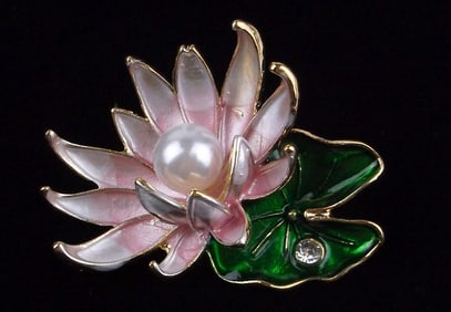 Mint Enameled Rhinestone Blooming Lotus Flower Brooch