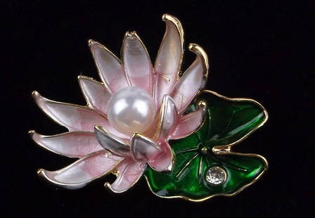 Mint Enameled Rhinestone Blooming Lotus Flower Brooch: Mint Condition, In Like New Condition, Perfect
