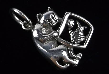 Mint Vintage Sterling Silver Cat In Fishbowl Pendant: Guaranteed Solid 925 Sterling Silver, in Excellent Condition