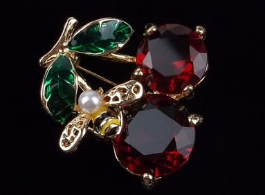 Mint Enameled Rhinestone Bee Insect On Cherries Brooch