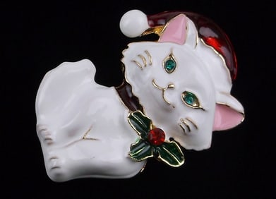Mint Enameled Rhinestone Cat Christmas Brooch