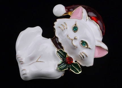 Mint Enameled Rhinestone Cat Christmas Brooch: Mint Condition, In Like New Condition, Perfect
