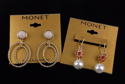 2 New Monet Rhinestone Earrings Sets On Card $40