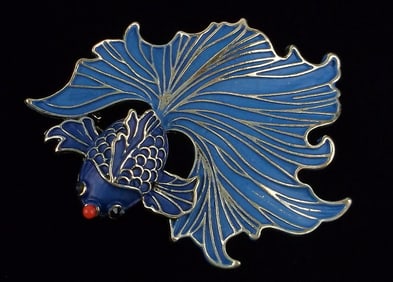 Mint Enameled Rhinestone Japanese Art Goldfish Brooch