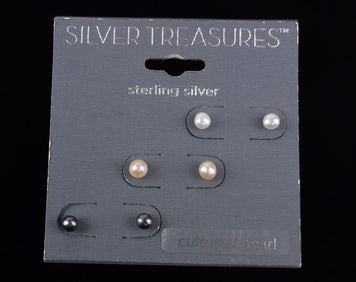 3 New Sets Sterling Silver Pearl Stud Earrings $46