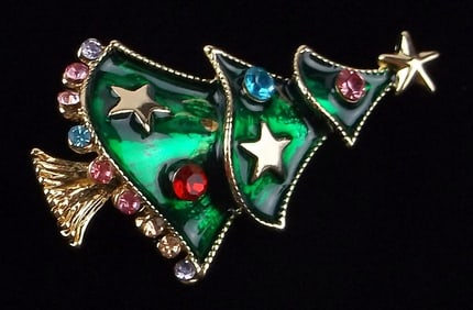 Mint Enameled Rhinestone Christmas Tree Brooch