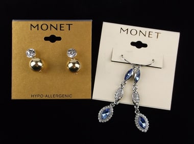 2 New Monet Rhinestone Earrings Sets On Card $36