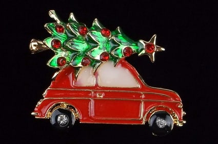 Mint Enameled Rhinestone Christmas Tree Brooch