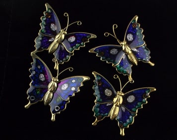 4 New Vintage Enameled Butterfly Brooch Lot Set