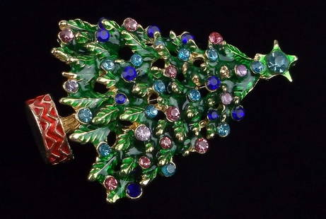 Mint Enameled Rhinestone Christmas Tree Brooch: Mint Condition, In Like New Condition, Perfect