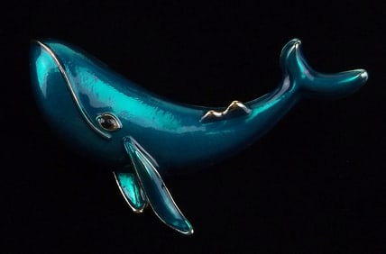 Mint Enameled Rhinestone Blue Whale Brooch
