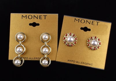 2 New Monet Rhinestone Earrings Sets On Card $40