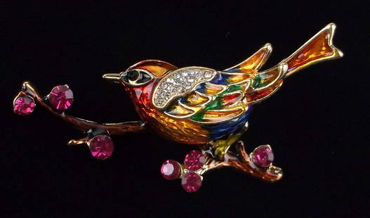 Mint Enameled Rhinestone Bird On Branch Brooch: Mint Condition, In Like New Condition, Perfect