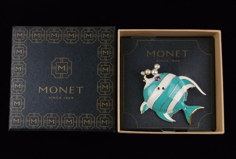 New Boxed Monet Enameled Rhinestone Fish Brooch $26: new condition