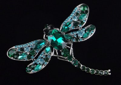 Mint Enameled Rhinestone Dragonfly Brooch
