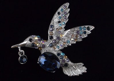 Mint Enameled Rhinestone Hummingbird Brooch