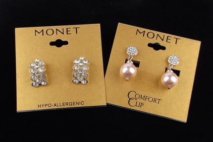 2 New Monet Rhinestone Earrings Sets On Card $38
