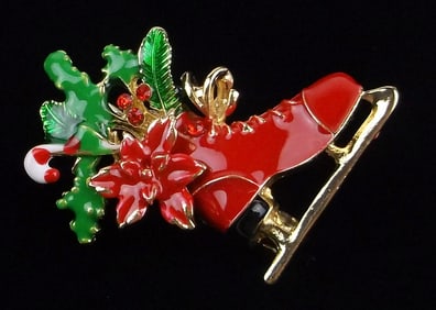 Mint Enameled Rhinestone Ice Skate Christmas Brooch