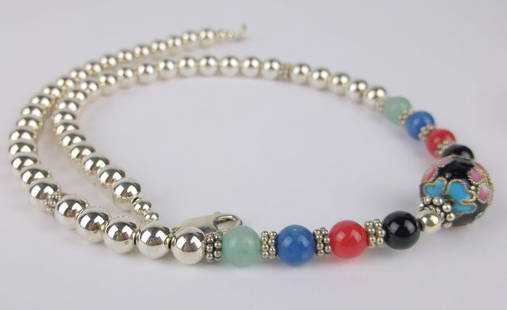 Mint Vint Sterling Silver Jade Gem Cloisonne Ball Necklace 16": Guaranteed Solid 925 Sterling Silver, in Excellent Condition