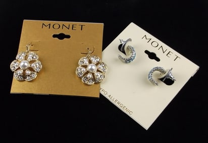 2 New Monet Rhinestone Earrings Sets On Card $38